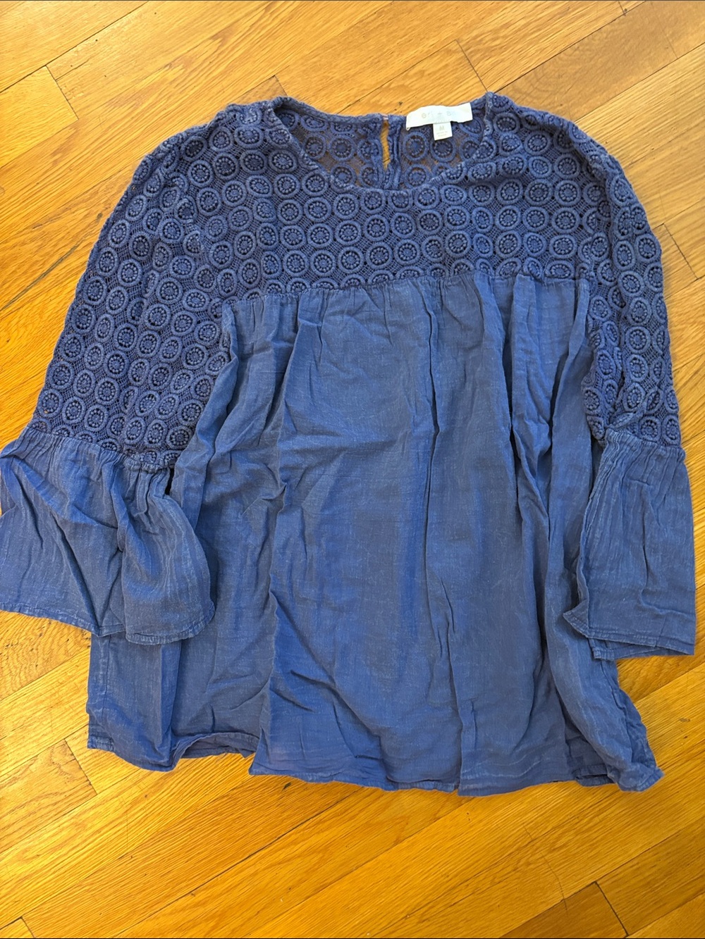 Boho Crochet Yoke Blue Peasant Blouse